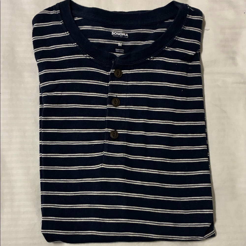 Sonoma Men's Navy and White Striped Button Down Shirt